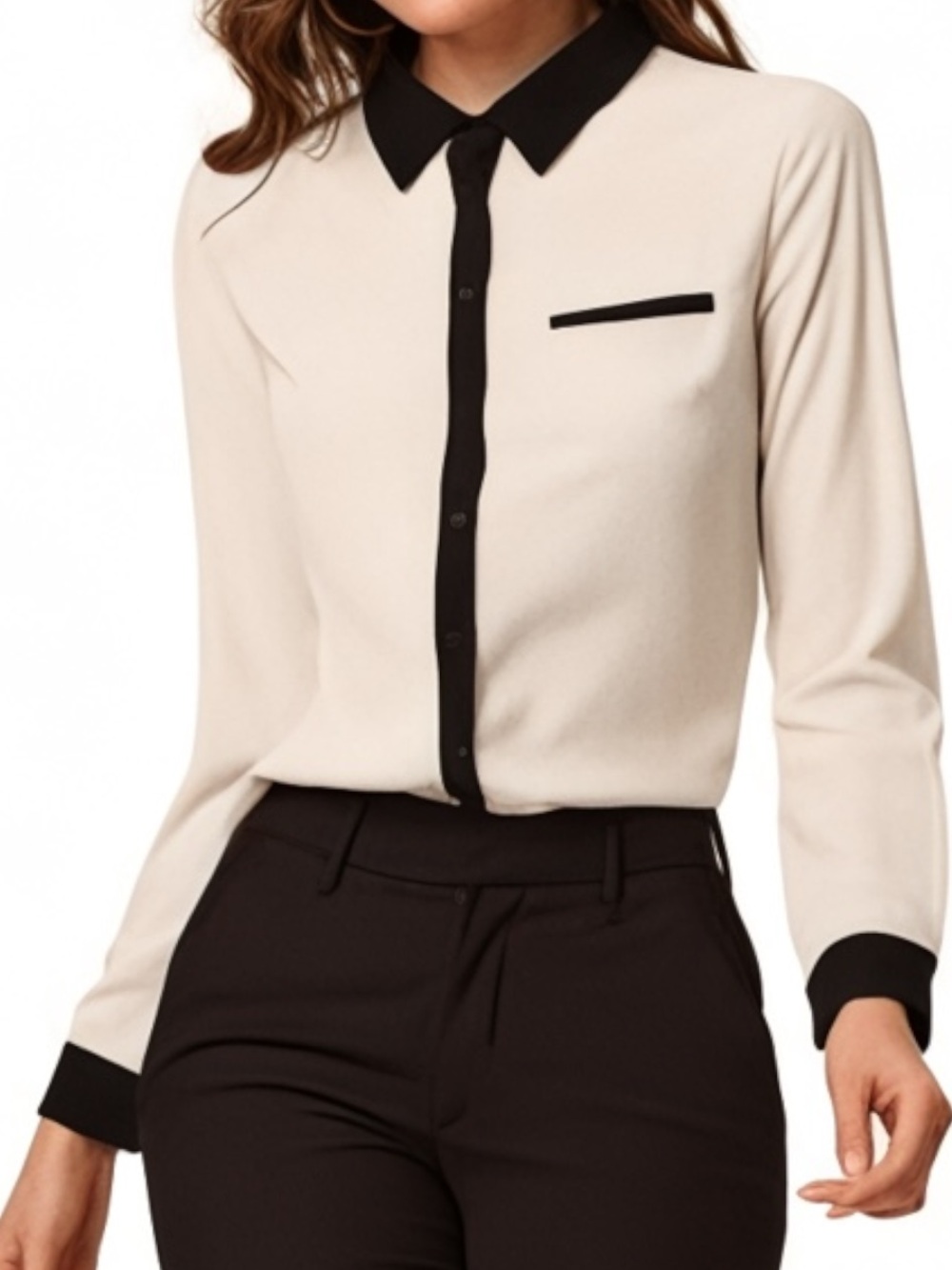 Nexx Contrast Collar Button-Down Blouse in Cream and Black